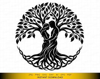 May include: A black and white illustration of a tree with a couple embracing within its trunk. The tree's branches form a circular canopy, and its roots intertwine at the base. The image includes the text "JPG PNG SVG DXF AI EPS PDF INSTANT DOWNLOAD".