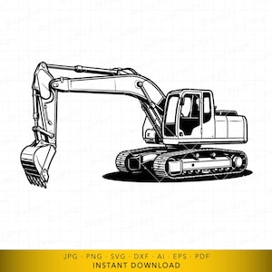 May include: Black and white illustration of an excavator, a heavy construction vehicle. The excavator features a cab, a long arm, and a bucket. The vehicle is designed for digging and moving earth. The image is a digital graphic.