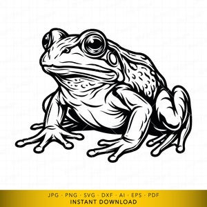 May include: A detailed black and white illustration of a frog in a sitting position. The frog has large eyes and textured skin, with the text "INSTANT DOWNLOAD" at the bottom.