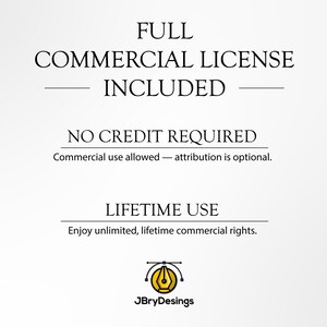 May include: White background with black text stating "FULL COMMERCIAL LICENSE INCLUDED", "NO CREDIT REQUIRED", and "LIFETIME USE". The text "Commercial use allowed - attribution is optional" is also included. The logo for JBryDesings is at the bottom.