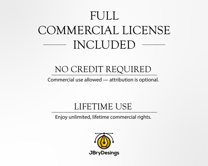 May include: White background with black text stating "FULL COMMERCIAL LICENSE INCLUDED", "NO CREDIT REQUIRED", and "LIFETIME USE". The text "Commercial use allowed - attribution is optional" is also included. The logo for JBryDesings is at the bottom.
