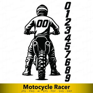 May include: Black and white graphic of a motocross racer on a motorcycle, viewed from the back. The racer wears a helmet and jersey with the number 00. A set of numbers 0-9 is to the right. The words "Motocycle Racer" are at the bottom.