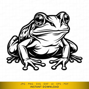 May include: Black and white illustration of a frog. The frog is depicted in a stylized, graphic design with detailed features. The image includes the text "JPG PNG SVG DXF AI EPS PDF INSTANT DOWNLOAD".