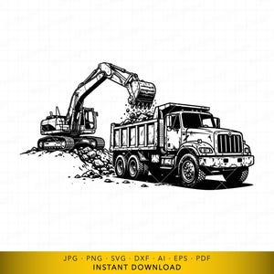 Puede incluir: Ilustración en blanco y negro de vehículos de construcción. Una excavadora carga un camión volquete con rocas. La imagen incluye el texto "JPG PNG SVG DXF AI EPS PDF DESCARGA INSTANTÁNEA".