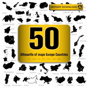 Países da Europa svg, Pacote 50 Silhueta de países svg, Silhueta de mapas Países da Europa, arquivo vetorial para corte e gravação