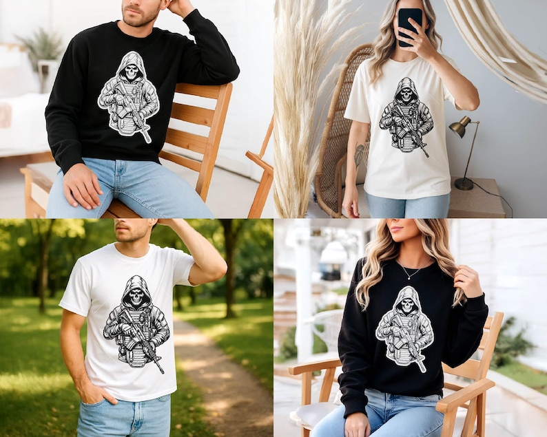 Puede incluir: Colecci&oacute;n de camisetas y sudaderas gr&aacute;ficas en blanco y negro. Cada prenda presenta una ilustraci&oacute;n detallada de una figura de calavera con capucha sosteniendo un rifle. Las camisetas son blancas y las sudaderas son negras.