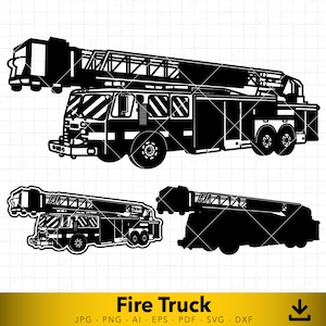 May include: Black and white silhouette of a fire truck with a ladder extended. The truck has a large cab and a long ladder that extends high into the air. The truck is a common sight at fire stations and is used to help put out fires.