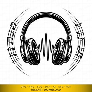 May include: Black and white illustration of headphones with musical notes and sound waves. The headphones are centered, surrounded by a circular design of musical notes and sound waves, suggesting music and audio. The image has a clean, minimalist aesthetic.