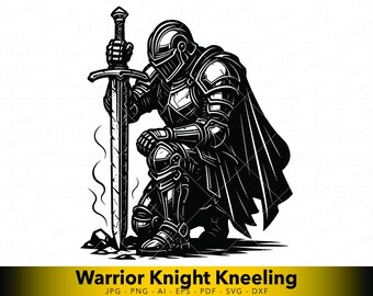 Kneeling Knight SVG with Sword, Honor and Sacrifice Medieval Warrior Vector for Laser Cut, CNC Plasma, Gothic Memorial Line Art