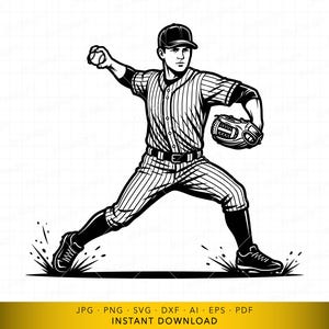 May include: Black and white illustration of a baseball pitcher in a pinstripe uniform, throwing a baseball. The image includes a baseball glove, cap, and shoes. The bottom of the image includes the text "JPG • PNG • SVG • DXF • AI • EPS • PDF INSTANT DOWNLOAD."