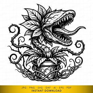 May include: Black and white illustration of a carnivorous plant with a large, toothy mouth and a long tongue. The plant is in a decorative pot, surrounded by vines and thorns. The image has a vintage, tattoo-style aesthetic.