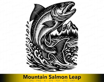 Salmon SVG Jumping Fish Design, Dynamic River Salmon Vector for Cricut, Laser Cut, CNC Plasma, Outdoor Line Art File