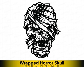 SVG de Crânio Enfaixado, Vetor de Crânio de Múmia, Arte Linear de Crânio Gótico de Terror para Cricut e Tatuagem