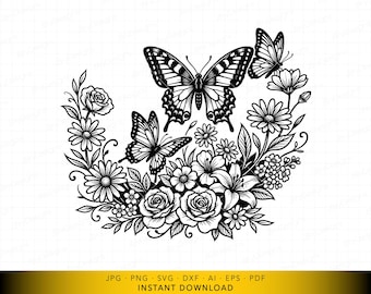 Butterfly Floral SVG, Three Butterflies Over Flower Bouquet Digital Cut File, Elegant Garden Arrangement for Cricut and Laser Engraving