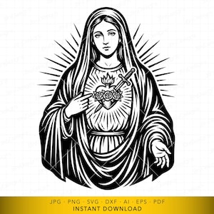 Puede incluir: Ilustración en blanco y negro de una mujer con un halo, vestida con una prenda drapeada. Un corazón atravesado por una espada y adornado con rosas está en su pecho. La imagen tiene el texto "JPG PNG SVG DXF AI EPS PDF DESCARGA INSTANTÁNEA".