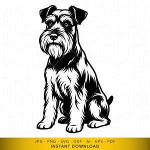 Pode incluir: Ilustração a preto e branco de um cão Schnauzer sentado. O cão tem uma barba e sobrancelhas longas e uma cauda curta. A imagem é um design digital, adequado para várias aplicações.