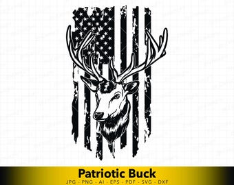 Vertical Distressed USA Flag Deer SVG | Patriotic Buck Hunting Cut File | Rustic American Flag Wildlife Vector