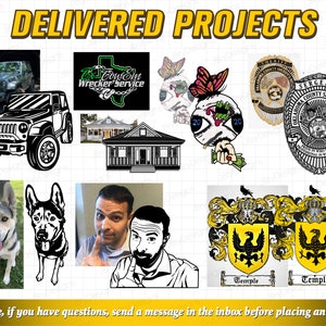 May include: A collage of images showcasing various design projects, including a black and white illustration of a Jeep, a house, a butterfly, a sheriff's badge, two dogs, a man's portrait, and two heraldic crests.
