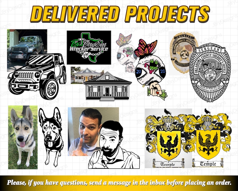 May include: A collage of images showcasing various design projects, including a black and white illustration of a Jeep, a house, a butterfly, a sheriff's badge, two dogs, a man's portrait, and two heraldic crests.