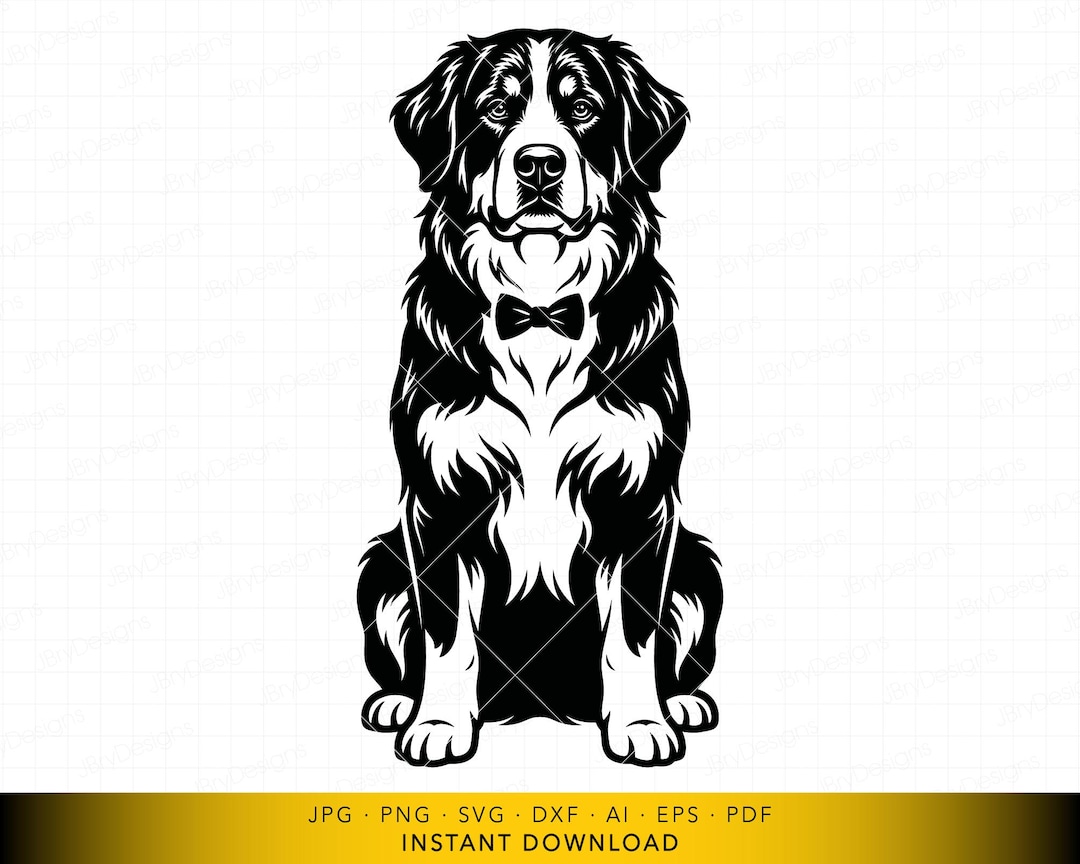 Bernese Mountain Dog SVG, Sitting Berner Dog Silhouette With Bow Tie ...