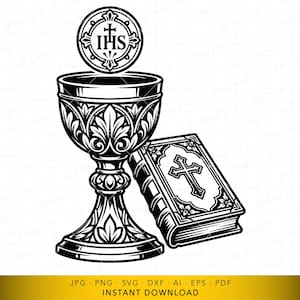 May include: Black and white illustration of religious symbols. A chalice with ornate detailing, a communion wafer with a cross, and a book with a cross on the cover are depicted. The image is a vector graphic.