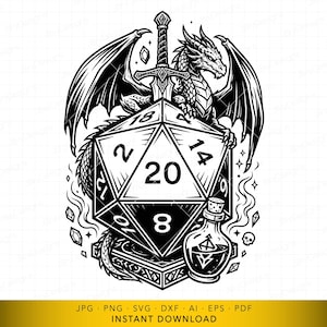 Puede incluir: Ilustración en blanco y negro de un dragón sobre un dado de veinte caras, con una espada y una botella de poción. El dado está numerado. La imagen incluye el texto "INSTANT DOWNLOAD".