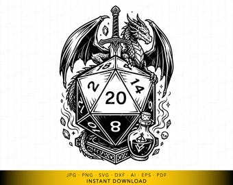 SVG de dado de dragón D20, diseño de dado de dragón de fantasía, archivo vectorial de juego de rol de fantasía para Cricut y grabado láser.