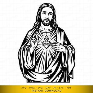 May include: Black and white illustration of a figure with long hair and a beard, wearing a robe. A heart with a cross and thorns is on the chest. The figure is gesturing with one hand.