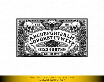 Tabla Ouija SVG, archivo de corte de tablero de espíritus gótico con calavera y manos de esqueleto, tema ocultista vintage para Cricut y grabado láser