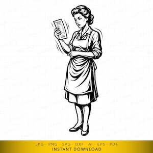 May include: A monochrome illustration of a woman in an apron, holding a receipt marked "PURCHASE RECEIPT". She wears a collared shirt and skirt. The image is a digital download, available in various file formats.