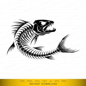 Può includere: Illustrazione in bianco e nero di uno scheletro di pesce con bocca aperta e denti affilati. Lo scheletro del pesce è in posizione di nuoto, con pinne e coda estese. Su sfondo bianco.