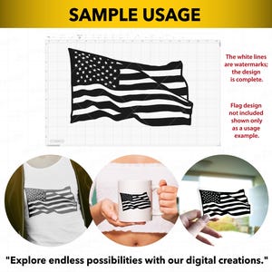 Puede incluir: Dise&ntilde;o en blanco y negro de la bandera estadounidense, mostrado en una camiseta, una taza y papel. La imagen incluye el texto "SAMPLE USAGE" y "Explore endless possibilities with our digital creations."