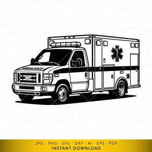Può includere: Illustrazione in bianco e nero di un'ambulanza. Il veicolo presenta la scritta "AMBULANCE" sulla parte anteriore e un simbolo della stella della vita sul lato. Questa grafica vettoriale è adatta a vari usi.