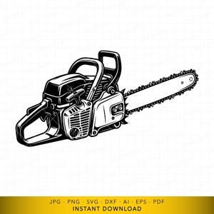 May include: Black and white illustration of a chainsaw. The saw features a handle, engine housing, and a long blade with sharp teeth. The image is a digital graphic, suitable for various design projects.