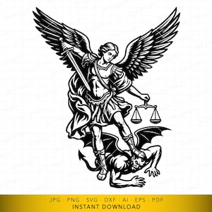 Może przedstawiać: Czarno-biała ilustracja anioła ze skrzydłami, trzymającego miecz i wagę, depczącego demona. Obraz zawiera tekst "JPG PNG SVG DXF AI EPS PDF INSTANT DOWNLOAD".