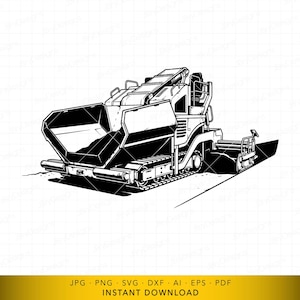 Puede incluir: Ilustración en blanco y negro de una máquina extendedora de asfalto. La máquina se muestra de perfil, con una gran tolva en la parte delantera y un sistema de cinta transportadora. La imagen incluye el texto "JPG PNG SVG DXF AI EPS PDF DESCARGA INSTANTÁNEA".