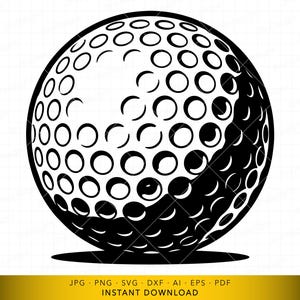 Può includere: Illustrazione in bianco e nero di una pallina da golf. La palla è rotonda e presenta un motivo di piccole fossette distanziate in modo uniforme. È una grafica vettoriale, adatta per l'uso digitale. La parte inferiore dell'immagine contiene il testo "JPG PNG SVG DXF AI EPS PDF INSTANT DOWNLOAD".