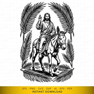 May include: Black and white illustration of a figure riding a donkey, framed by palm fronds. The figure is depicted with long hair and a beard, raising one hand in a gesture of blessing. The image has a religious theme.
