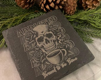 Engraved Slate Coffee Coaster – Gothic Skull & Roses