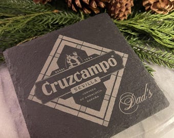 Personalized Cruzcampo Slate Beer Coaster | Spanish Lager Gift, valentines day gift for boyfriend