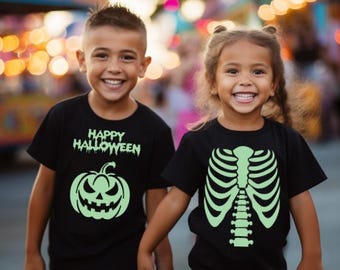 Glow in the dark Halloween kids fun T shirts skeleton or pumpkin
