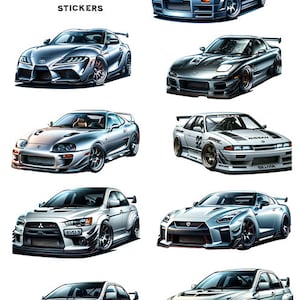 May include: A set of nine stickers featuring illustrations of Japanese supercars. The cars are all silver or grey and have various racing modifications. The stickers are perfect for adding a touch of Japanese car culture to your laptop, water bottle, or other belongings.