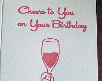 Letterpress Birthday Card, Cheers to You Pink Glass
