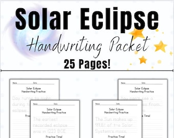 Hoja de práctica de escritura a mano para niños Hoja de trabajo de escritura a mano Hoja de trabajo en papel de práctica de escritura a mano Hoja de trabajo imprimible para niños Eclipse solar
