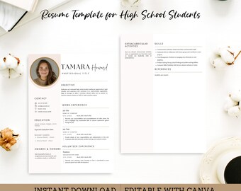 High School Student Resume, First Job Application, Internship CV, Graduate, Curriculum Vitae, Ins Downld, Edit Canva 2 Size, Printable, SC03