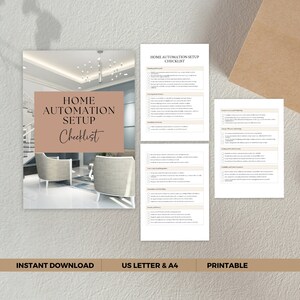 May include: A printable checklist for setting up a home automation system. The checklist is divided into sections such as planning and research, selecting devices, installation and setup, energy efficiency, security and monitoring, and accessibility and convenience. The checklist is designed to help homeowners automate their homes and make them more efficient and comfortable.