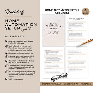 May include: A checklist for setting up a home automation system. The checklist includes sections for planning, scheduling, installation, energy efficiency, security, and troubleshooting. The checklist is designed to help users organize their tasks, prioritize critical components, and document each step of the process. The checklist also includes a section on risk management and a section for tracking progress.