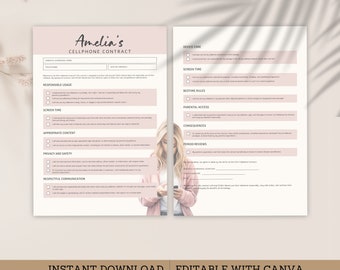 Teenager Cell Phone Contract Template, Teen Mobile Phone, Smart phone, Agreement, Girls, Ins Download, Edit in Canva 2 Size, Printable, SF03
