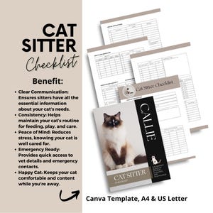 Pet Cat Sitter Checklist Template, Cat Sitting Away Holiday Care Instructions Sheet, Editable Canva A4 & US letter, Instant Download, SL23a
