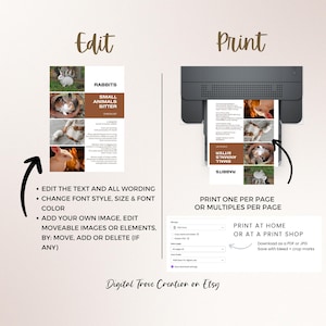 May include: Printable digital download for a small animal sitter flyer. The flyer features a brown background with a white border and a photo of a rabbit. The text on the flyer reads "Rabbits Small Animals Sitter".